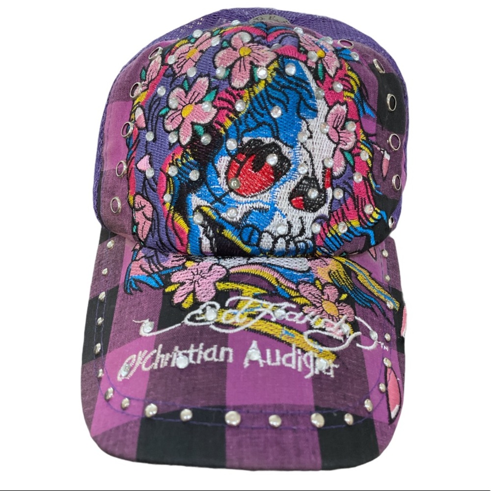 Ed Hardy Christian Audiger Purple Plaid Skull Hat